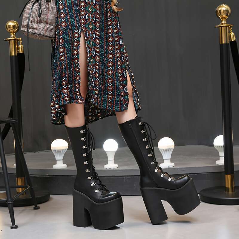 Women's Y2k Chunky Platform With Side Zipper Lace-Up Detail - Black Square Toe PU Cover High Heel Boots For Casual & Formal Wear, All-Season Comf