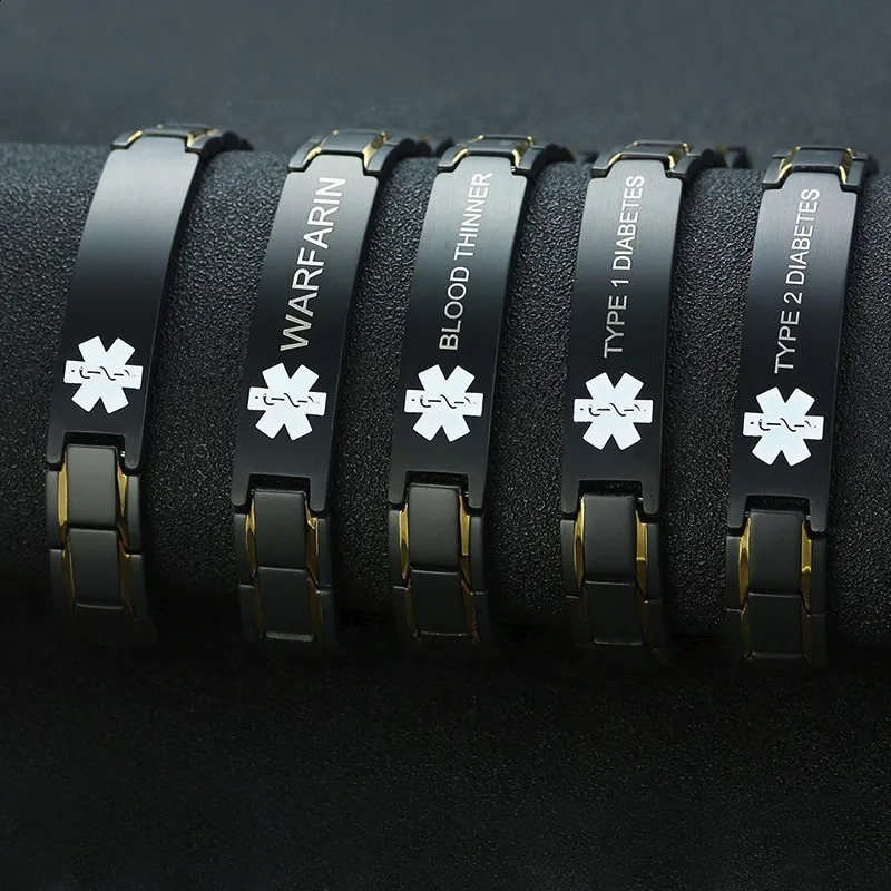 Vnox Men Alert ID Bracelet Black Stainless Steel Pain Relief Emergency Reminder Bangle with tool 251014