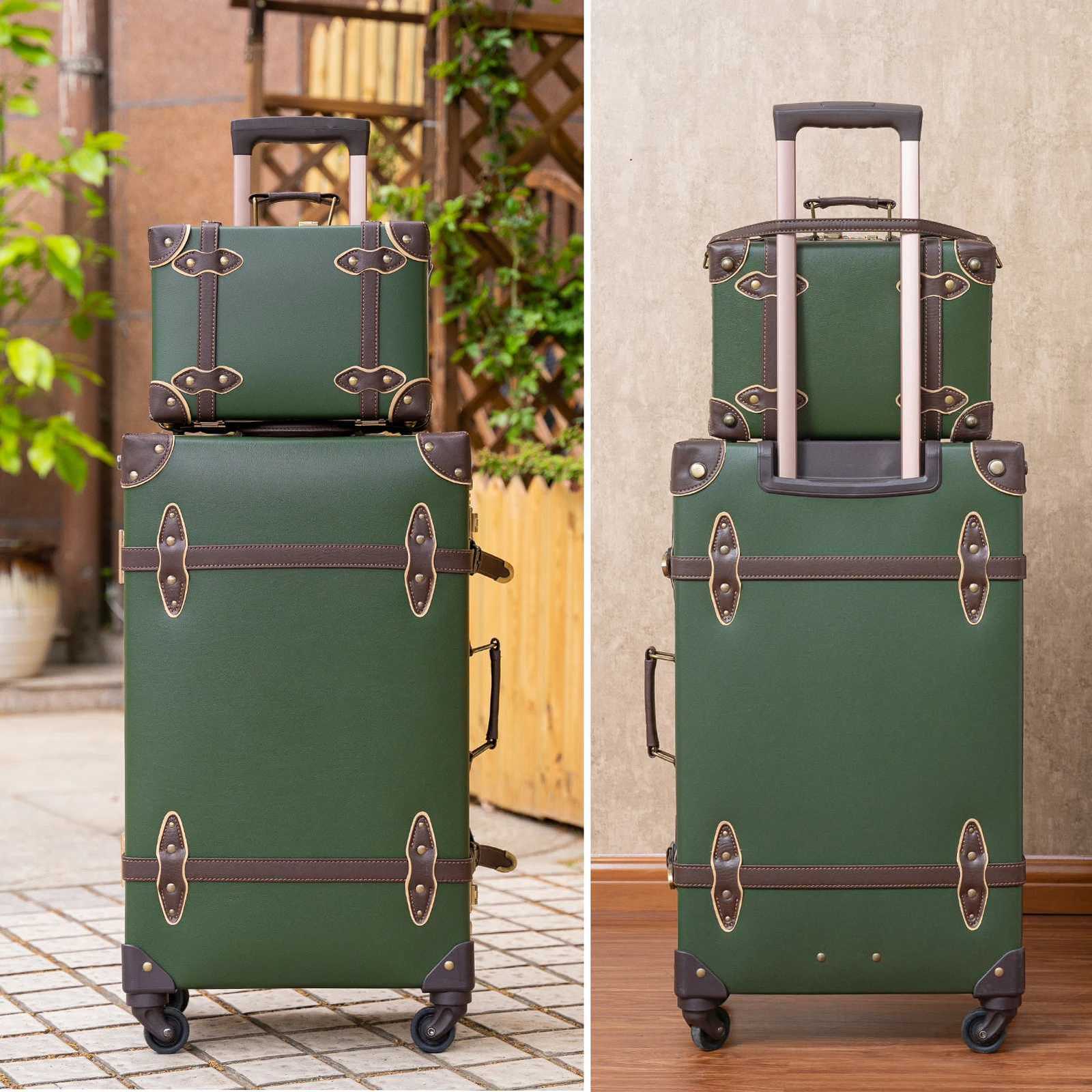 urecity Vintage Luggage Set 3 Piece Retro trolley luggage bagTravel Luggage with Spinner Wheels and Beauty Case Army GreenW251024