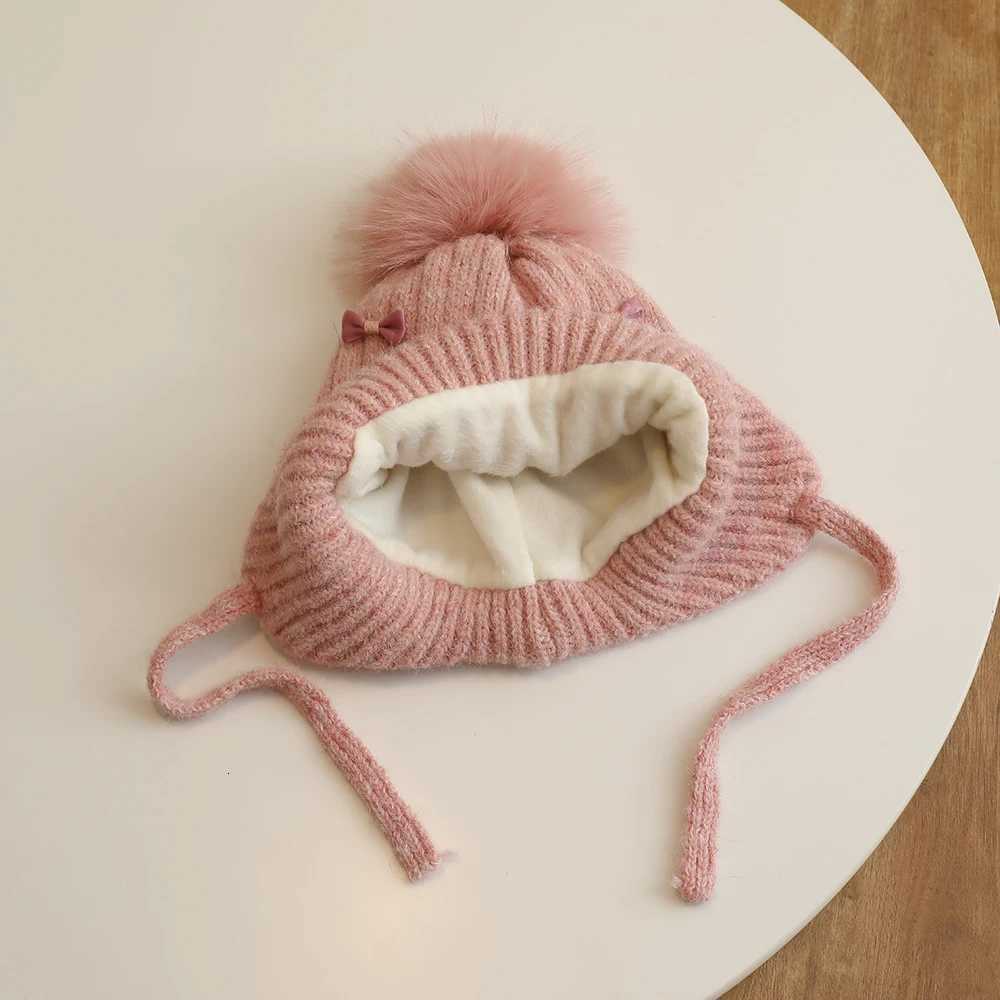 Princess Children Winter Hat for Girls Pompom Bows Kids Bonnet Hat Warm Ears Thicken Children Girl Cap Faux Fur Ball 26YL251024