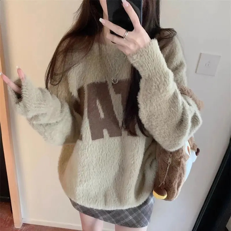 Vintage American Letter Sweaters Womens Clothing Round Neck Autumn Winter Loose Basic Casual Long Sleeve Knitted Pullovers 251023