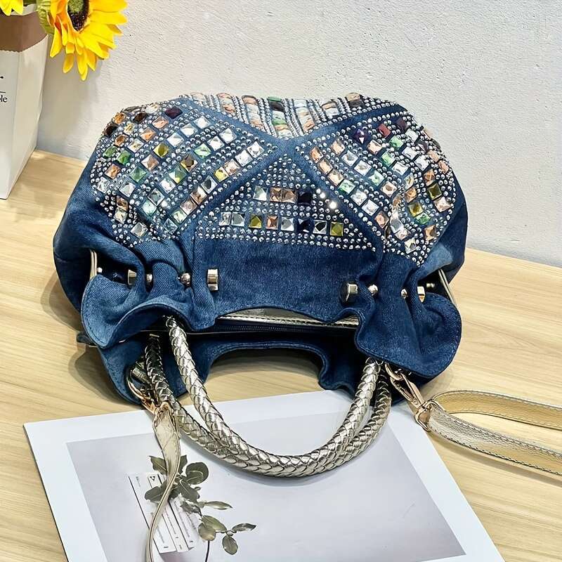 1 Women's Mini - Retro Inlaid Pleated Design, Adjustable Crossbody Shoulder Strap, Polyester, Light Blue/Blue Zipper Closure Handbag, Suitable Fo