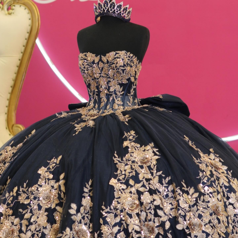 Black Quinceanera Dresses Ball Gown Off The Shoulder Applique Flower Beads Bow Corset Tull Party Birthday Sweet 16 Dress Vestidos 15 De Anos