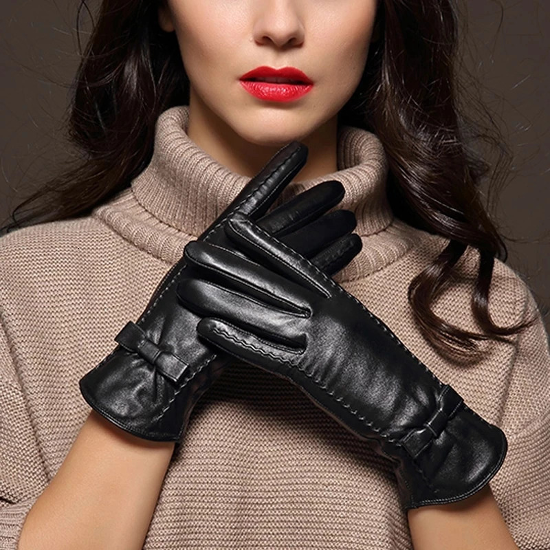 100 High Quality Real Leather Gloves Touch Screen Gloves Women Sheepskin Gloves Thicken Warm Brown Lady Warm Fleece Mittens 251023