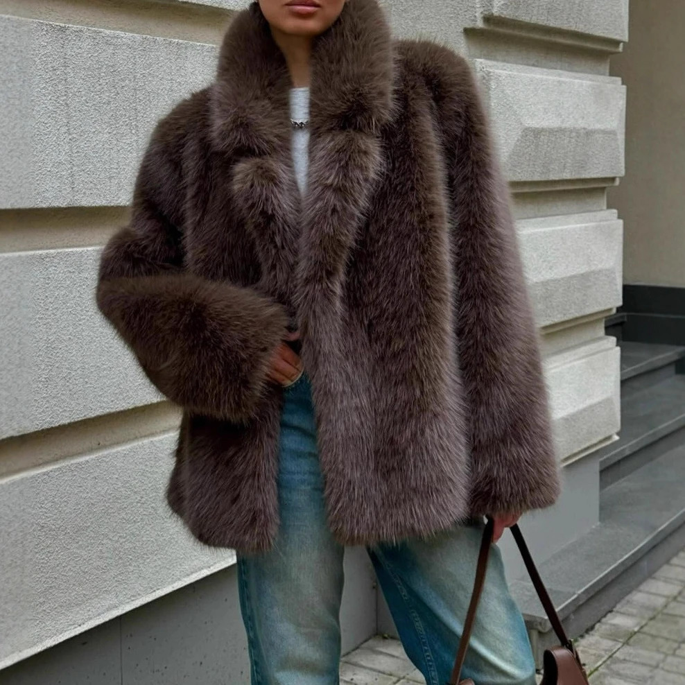 Faux Fox Fur Coats Women Solid Mid Length Jackets Lapel Collar Long Sleeve Furry Outerwear Thick Loose Casual Autumn Winter 251024