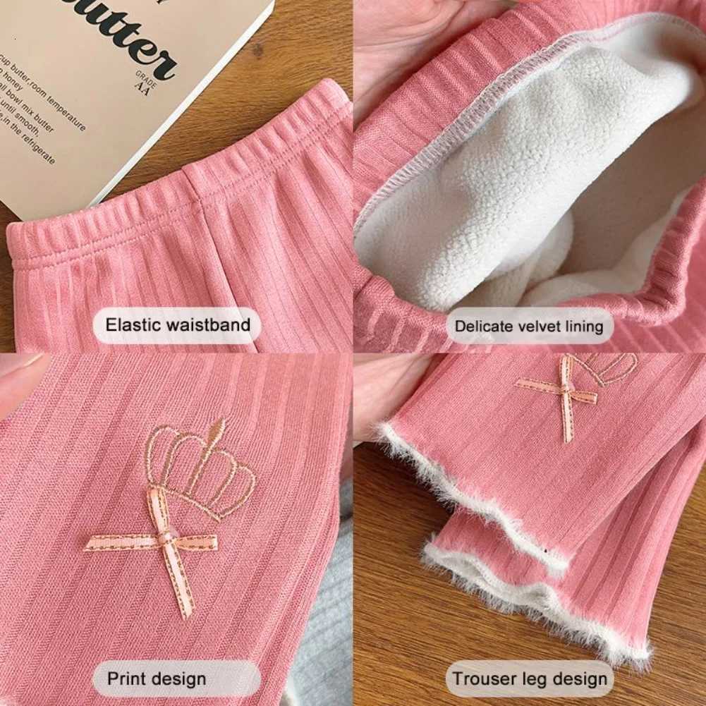 Kids Girls Leggings Winter Children Plus Velvet Warm Trousers Thick Lamb Fleece Trousers Embroidered Crown Bow PantsT251024