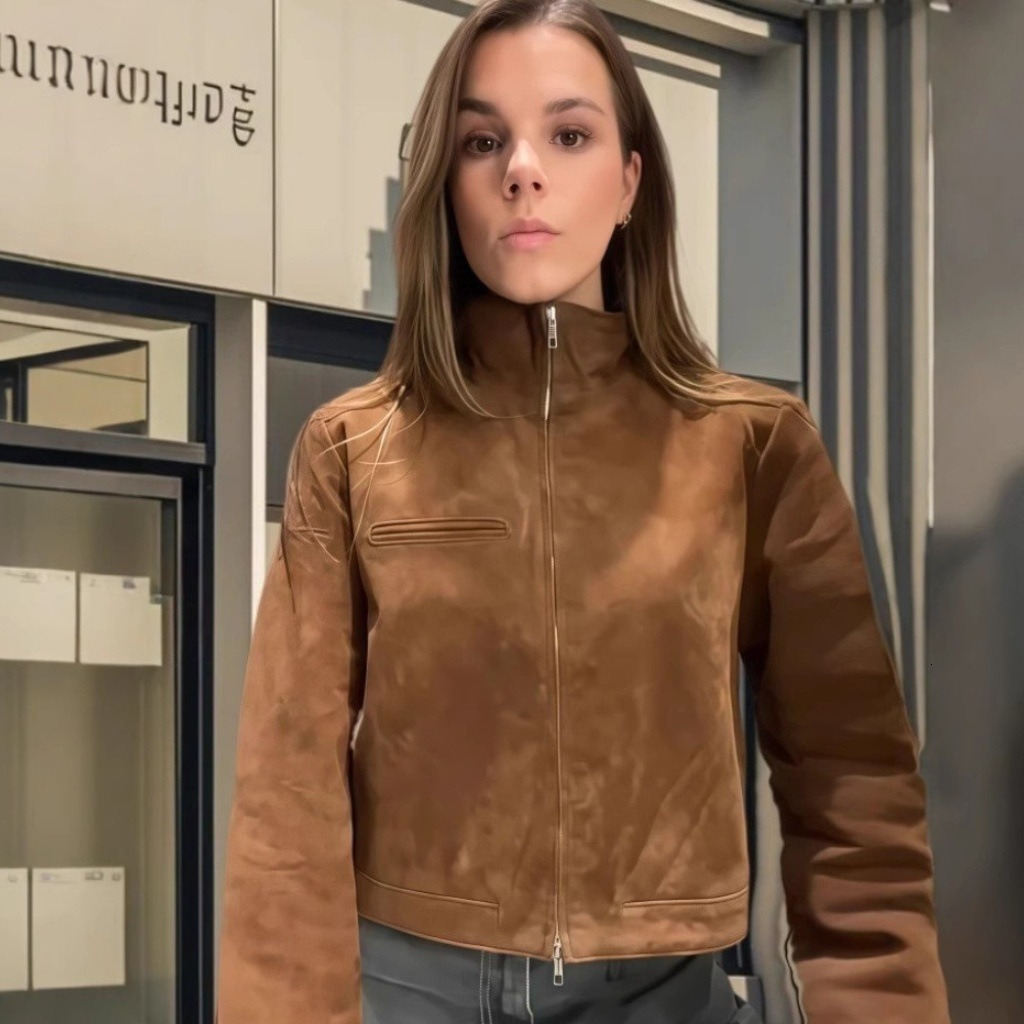 Stand Collar Suede Zipper Short Jackets Women Casual Slim Brown Long Sleeved Jacket Female Spring Chic Daily Style Outwear Tops dongdumaoyi