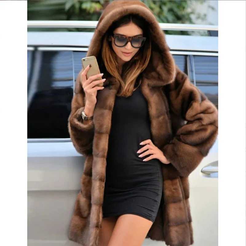 Women Faux Fur Mid Length Coats Thick Warm Open Stitch Coat Hooded Full Sleeve Casual Elegant Splice Autumn Winter 2024 H251024