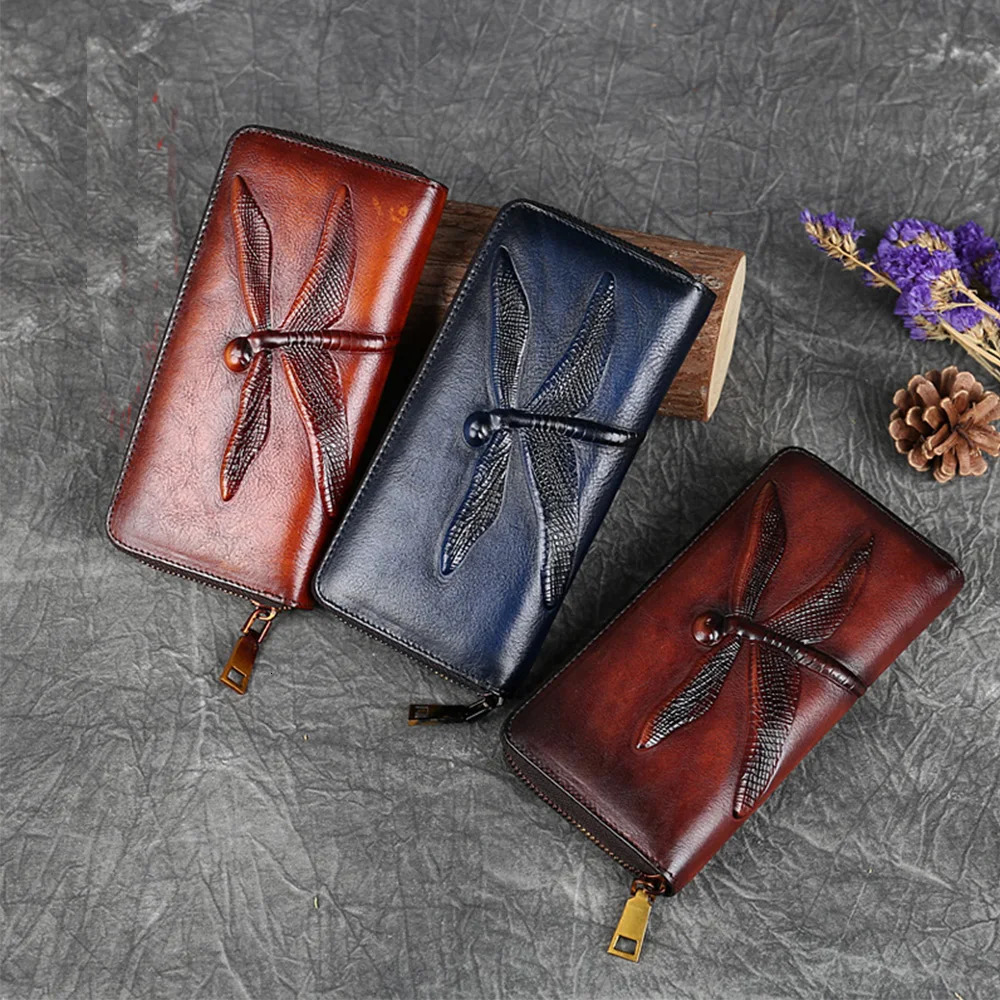 Women Long Wallet Zipper Purse Genuine Leather IDCredit Card Cash Holder Dragonfly n Retro Female Cowhide Money Clutch Bag 251014