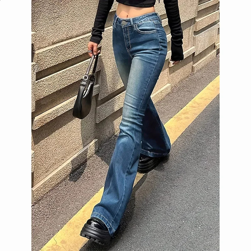 2025 Girls Concise Ins High Waist Flared Jeans Female Stretchy Bootcut Denim Pants Women Solid Color Thin Bell Bottoms Trousers 251023