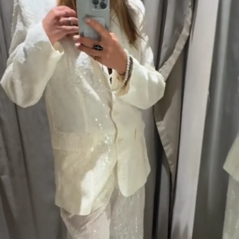 Women Suit Sequin Blazer Long Sleeve Laple Jacket Straight Perspective Trouser 2 Piece Pant Set Elegant Lady Office Outwear 251023