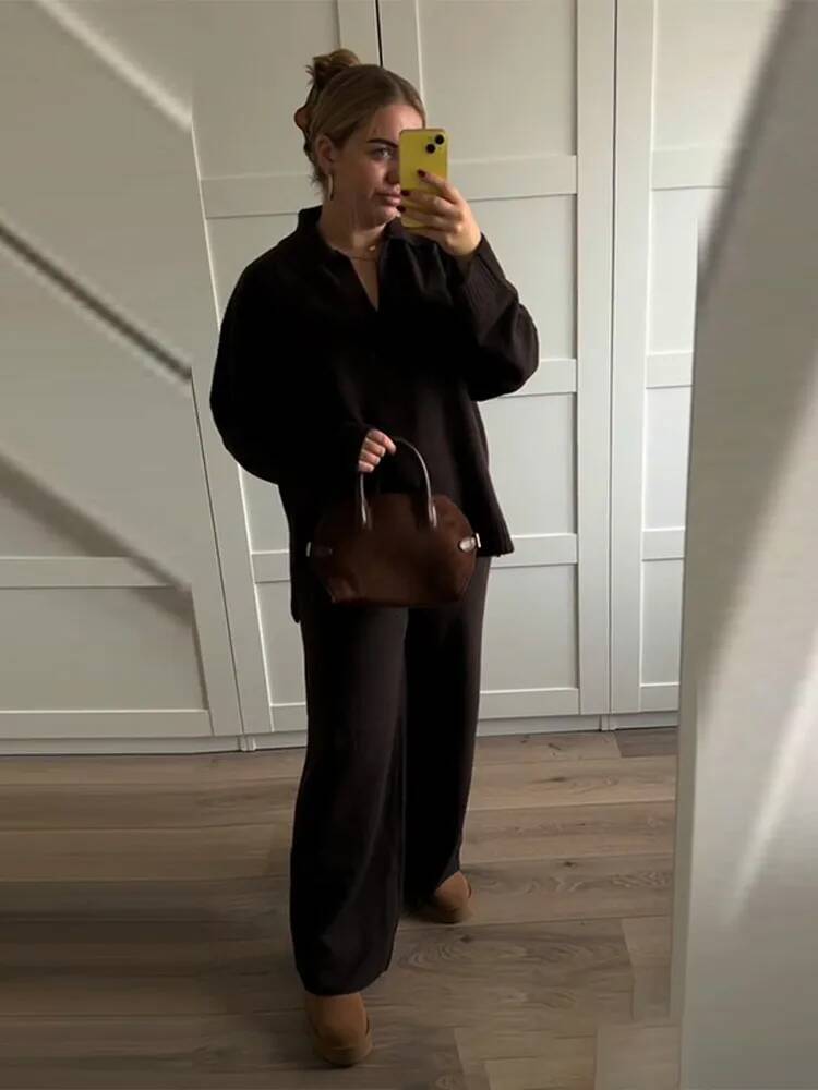 Classic Knitted Sweater Long Pant Set Women 2025 Chic V-neck Sweaters Loose Pants Sets Female Autumn Casual Street Outfits dongdumaoyi