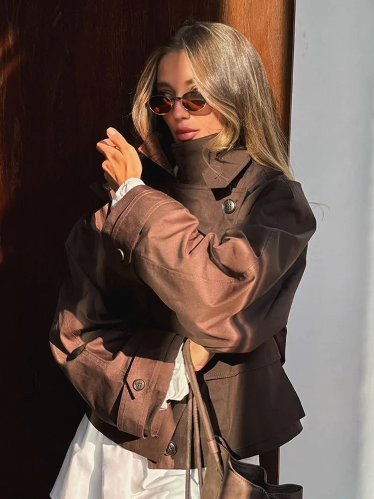 Stand Neck Crooped Brown Trench Coat Women Single Breasted Pocket Full Sleeve Windbreaker Jacket Autumn Lady Streetwer 251021