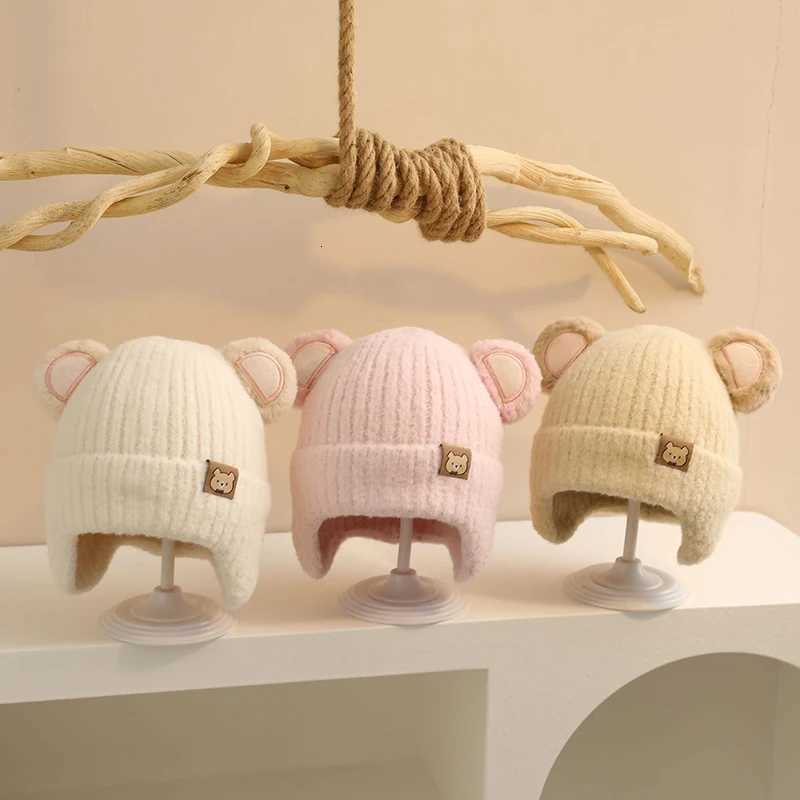 Cute Bear Baby Earmuffs Cap Winter Warm Kids Plush Pullover Hat 636Month Toddler Beanies Thicken Velvet Children Crochet BonnetL251024