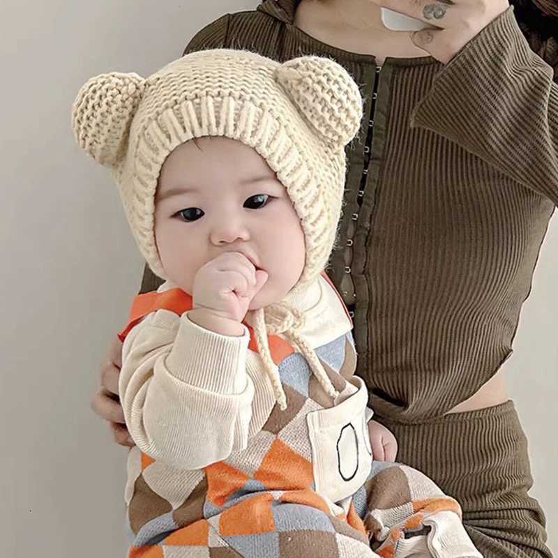 Cute Baby Ear Protection Kint Hat Winter Warm Kids Laceup Beanie Solid Color Wool Pullover Cap 624MonthInfant Headgear BonnetL251024