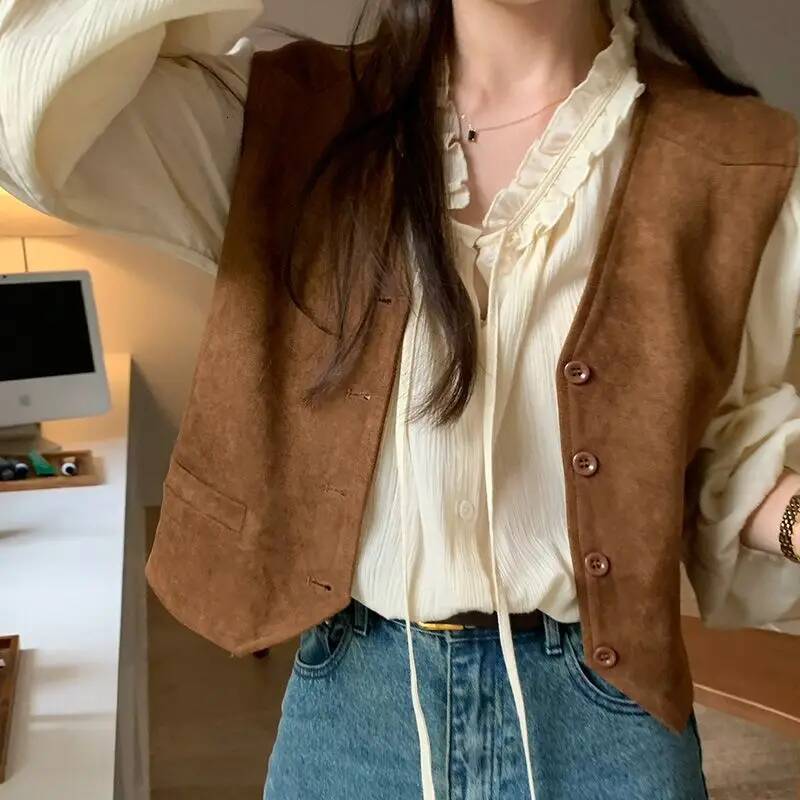 Retro Vests Women V-neck Single Breasted All-match Korean Style Spring Autumn Layering Outerwear Cozy Vintage Loose Comfortable dongdumaoyi