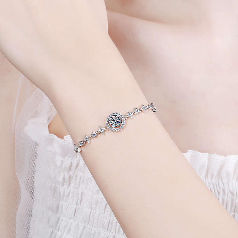 DHCollections-- S Pure Sier Round for Women Classic Bubble Plated PT950 Gold One Moissanite Bracelet Straight