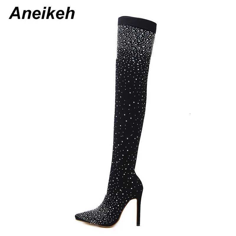 Aneikeh Sexy High Heels Sock OvertheKnee Boots Pointed Toe Design Crystal Rhinestone Stretch Fabric Pole Dancing Women Shoes W251024