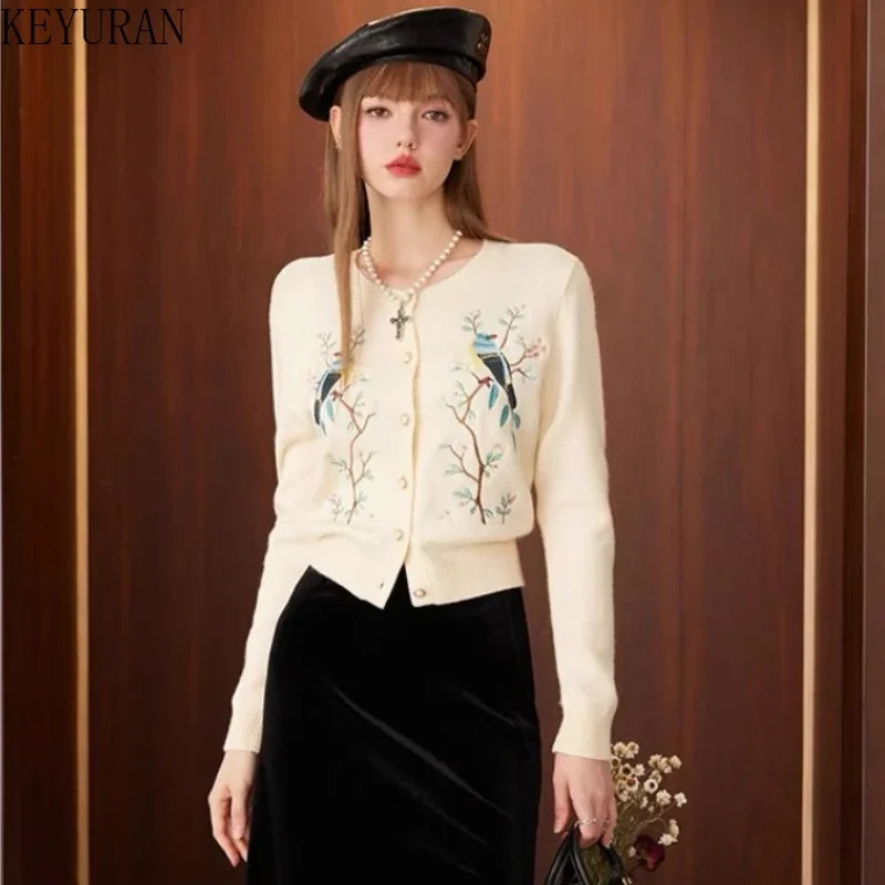 Spring Autumn Flower Bird Embroidery Knitted Cardigan Women Vintage ONeck Long Sleeve Sweater Mujer Knitwear Tops Jumper 251021