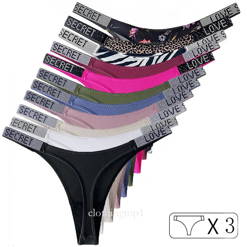 Victoriasecret Women's Panties 3Pcs Low Waist Sexy Women Thongs Rhinestones Letter Diamonds G-String Sports Thong Shorts Briefs T-Back Size S-Xl deb