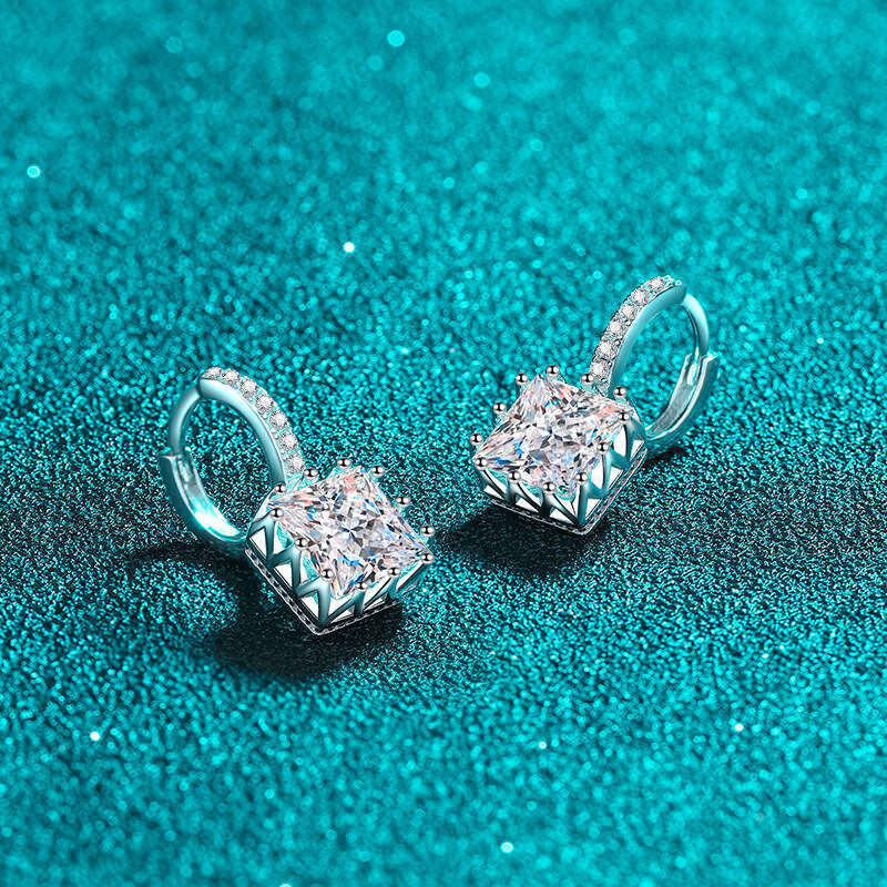 DHCollections-- Sterling Sier Earrings for Women Princess Cut Moissanite Clips Plated with PT950 Gold Ear Jewelry