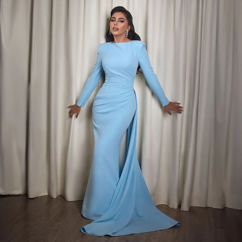 Light Sky Blue Wedding Guest Dress Long Sleeves O Neck Modest Womens Formal Party Gowns Mermaid Draped Trumpet Evening Dresses 251023