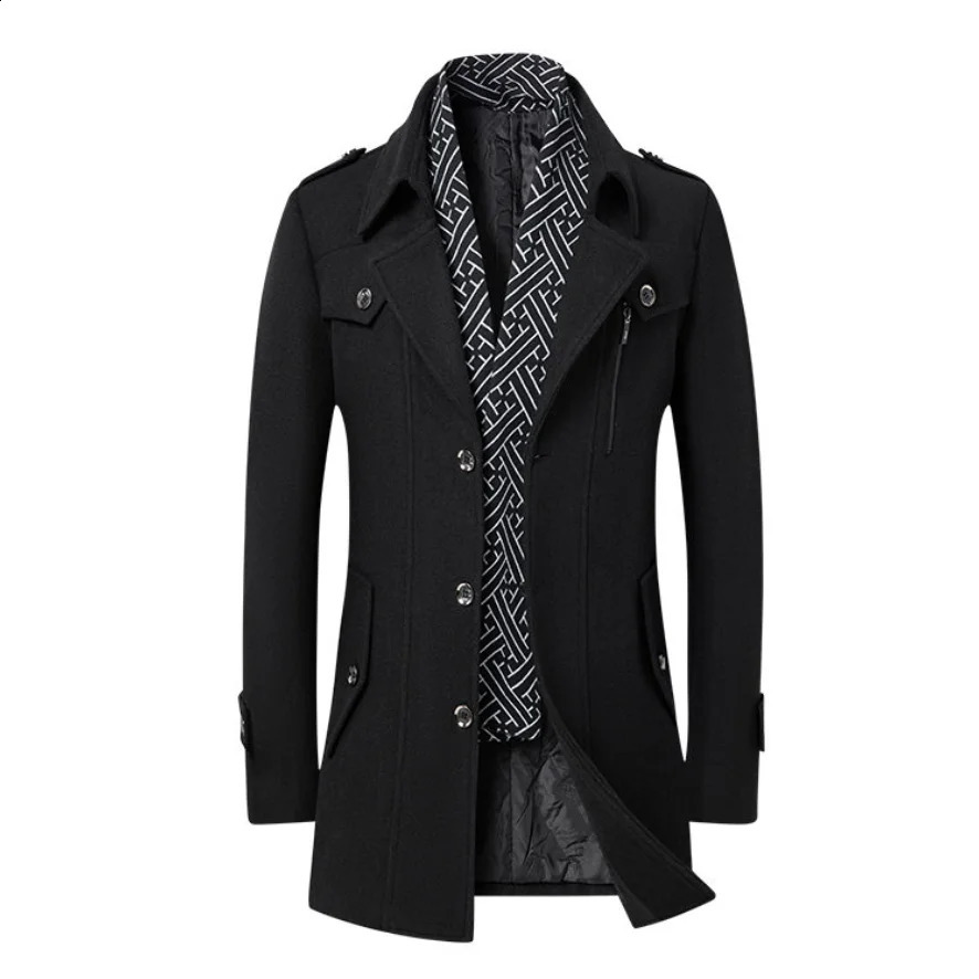 Highquality mens fashionable stylish versatile trendy and casual autumn winter woolen overcoat with a scarf 251015