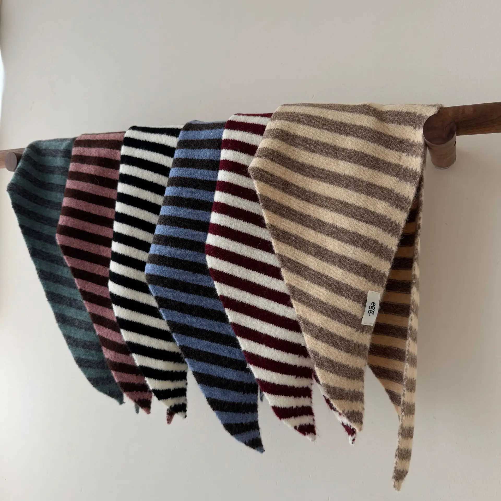 NewBaby Kids Autumn Winter Black Apricot Striped Wool Knitted Scarf Small Scarf Versatile Warm Korean Triangle Warm Soft Scarf Y251024