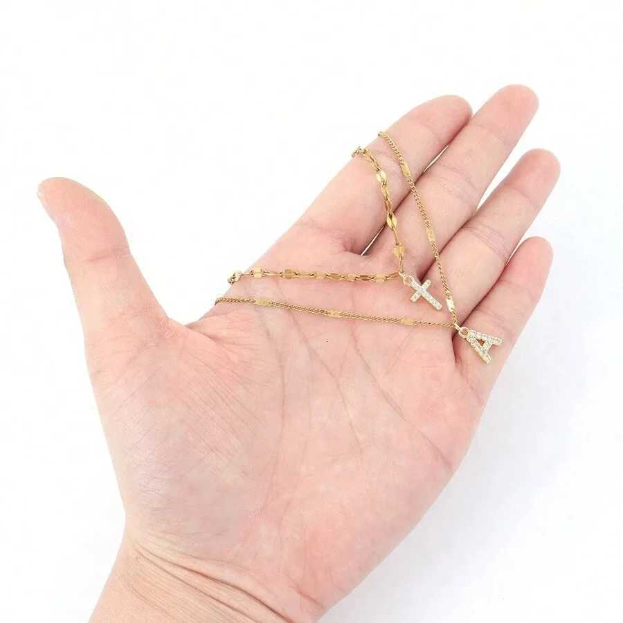 Double Layered Cross Letter Pendant Necklace Elegant Gold Color Chain Shiny Rhinestone Versatile Necklace For WomenXJ251024