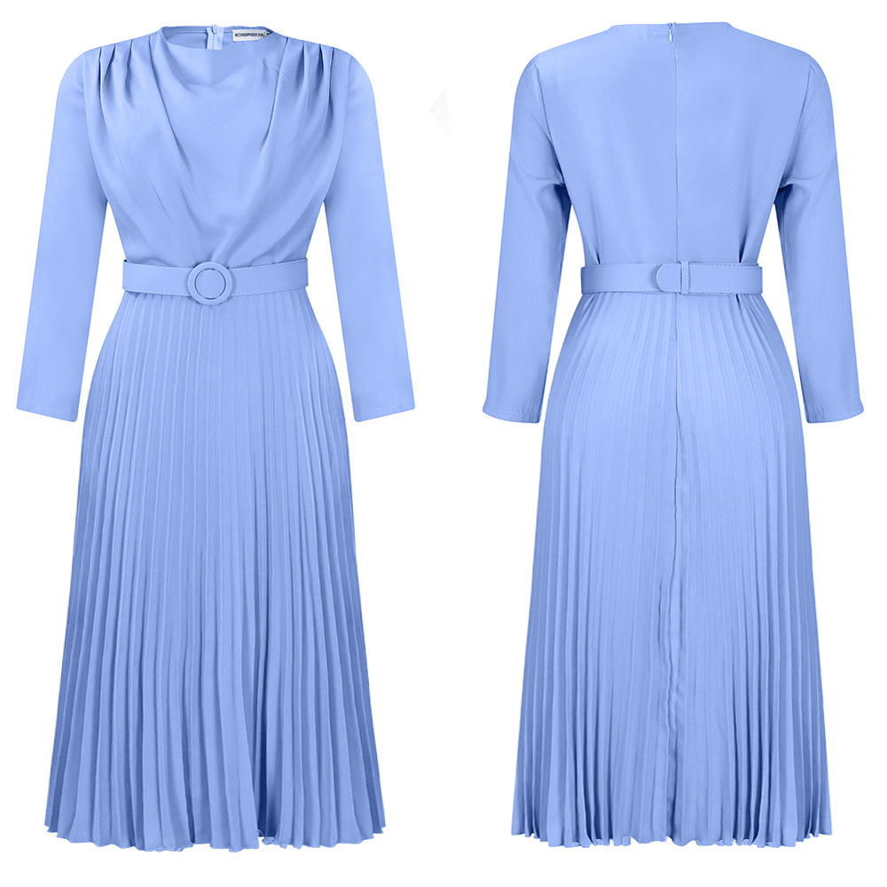 (491) Ladies' new style elegant pleated commuter OL solid color large size dress