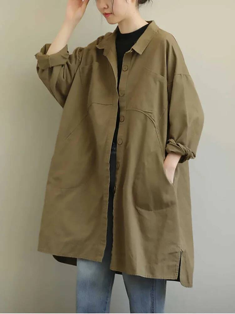 Spring Autumn New Mid-Length Trench Coat Loose Elegant Simple Artsy Casual Big Pocket All-Match Chic Office Ladies Outfit dongdumaoyi