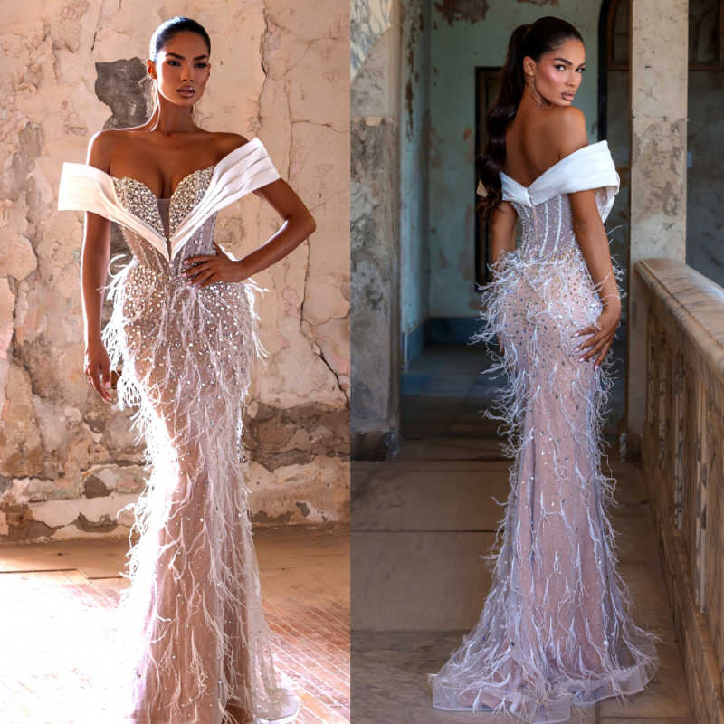 Modern Mermaid Prom Dress Sleeveless Prom Gowns Off Shoulder Beads Feather Sexy Evening Dress vestidos de novia Size Customized Special Occasion Dress