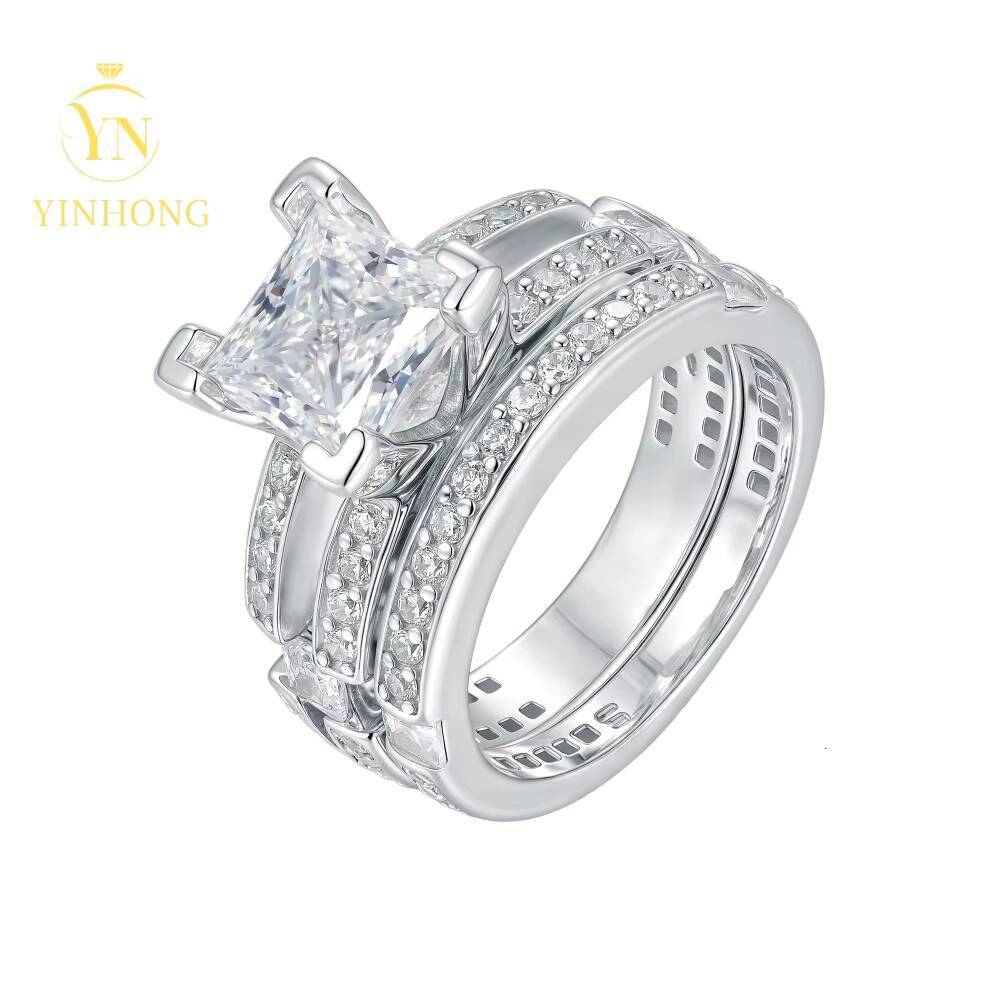 Fashion Silver Color Diamond Band Wedding Ring S925 Silver Set Jewelry Engagement Moissanite Ring