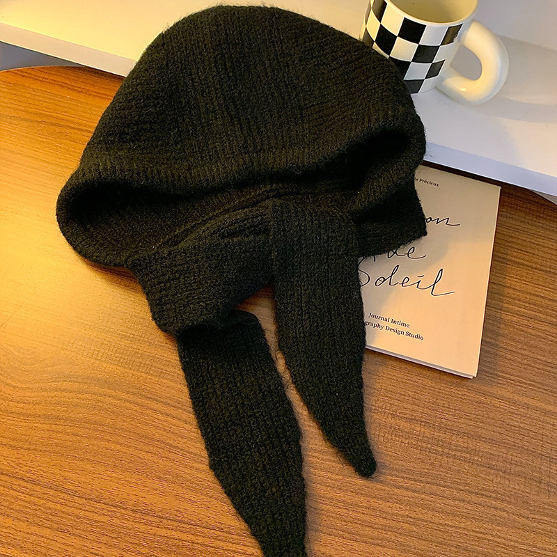 Large Head Circumference Raffia Scarf for Women, Autumn and Winter New Knitted Hooded Integrated Warm Ear Protection Wool Hat