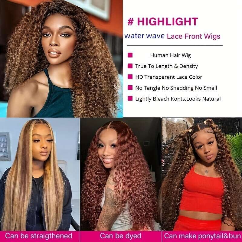 Highlight Water Wave Front Human Hair 13X4 Transparent Frontal Wig for Women Deep Curly Ombre Honey Blonde 4/27 Lace Wigs