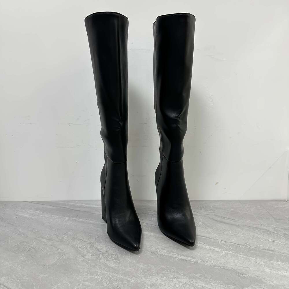Women's Black Pointed Toe Chunky Knee-High Boots - Slip-On Faux Cover Party & Evening Gown With Ankle Strap, Ultra-High Heel For Winter Events, F