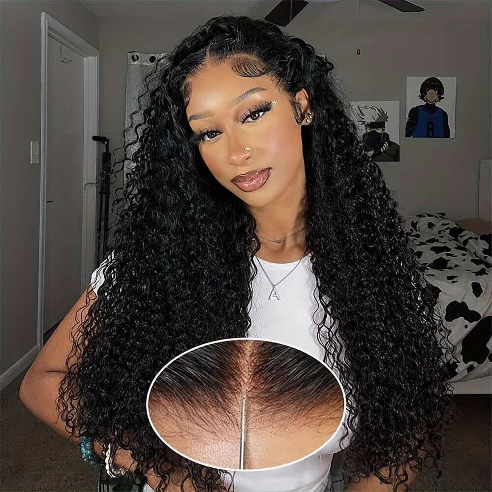 Elegant Deep Wave Glueless Human Hair Wig - Pre-Plucked 6x4 HD Lace Front, Ready to Wear, 200% Density, Natural Black Curly Texture Women, Perfect for