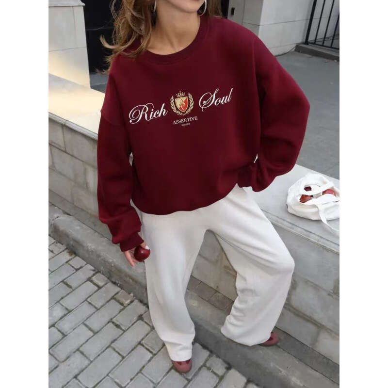 2025 Autumn Winter New Casual Versatile Loose Fleece Thickened Fashion Printed Pullover Crew Neck Sweatshirt for Women