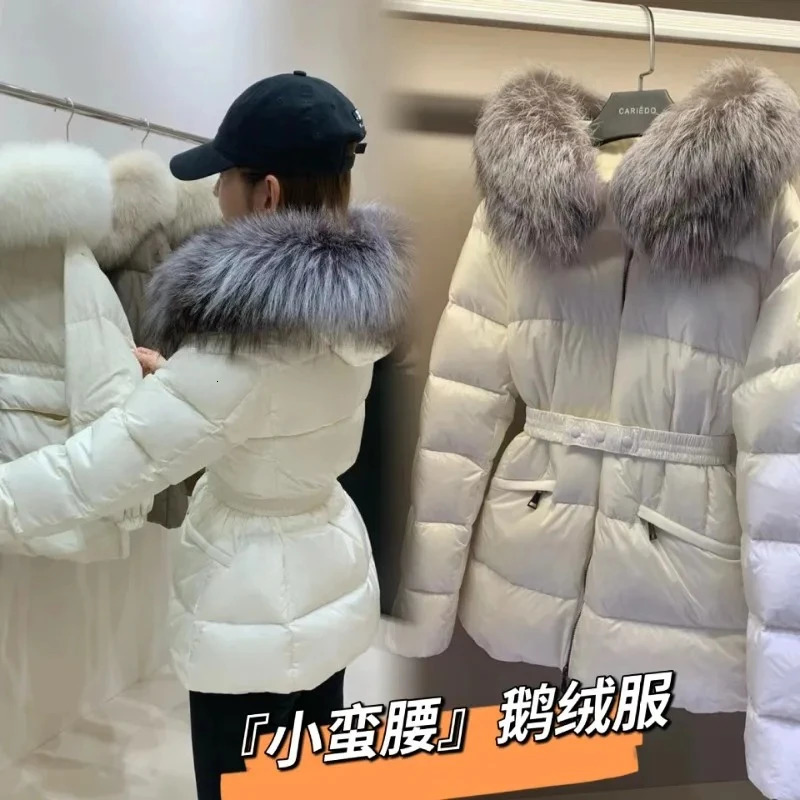 Womens Models Fall Winter Tops Coat Down Jacket Hooded Waisted Fox Fur Collar White Duck Down Innerwear Round Collar Warm Soft 251024