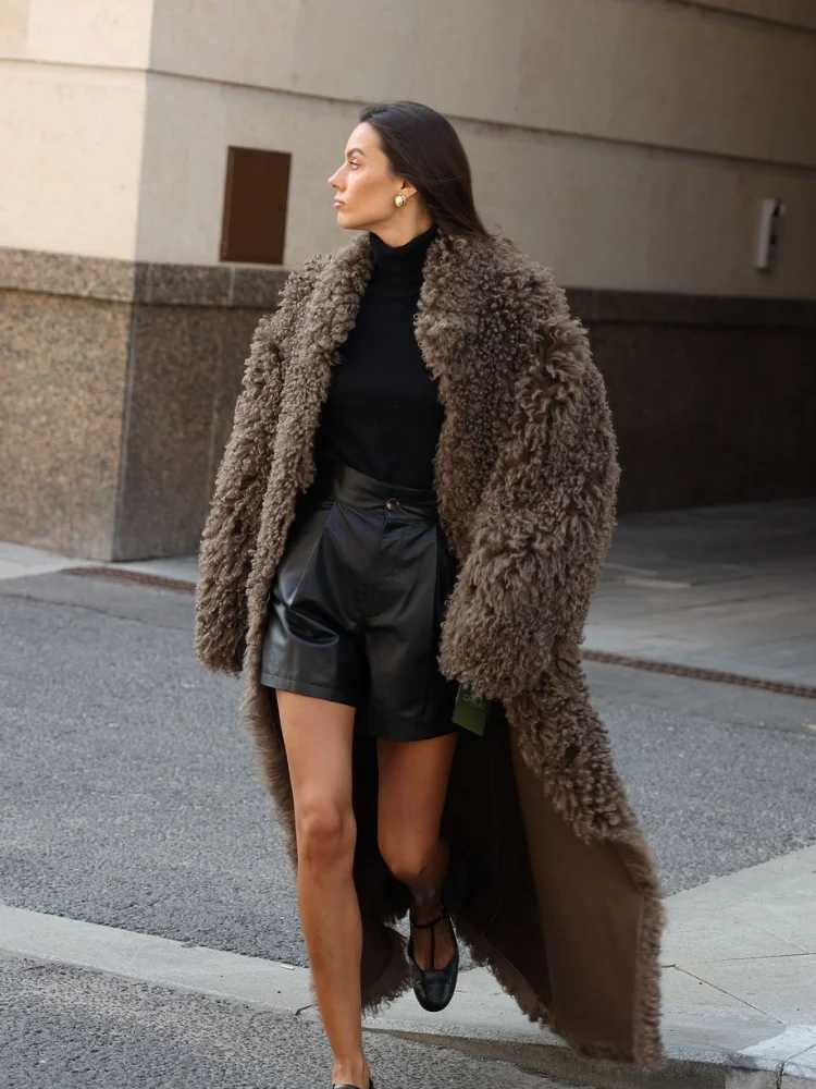 Women Solid Lamb Fur Long Coat Elegant Fashion Lapel Full Sleeve Warm Coats Lady Chic High Street Casual Winter Outerwear 2025 H251024