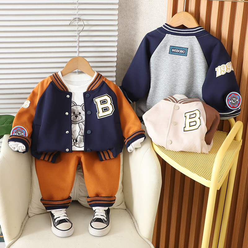 Fashion 2025 Boys Baseball Outfit 3-Piece Set, Color-Blocked Jacket with Pants, Spring Autumn Clothes for Toddlers 1-3 Years Free Shipping