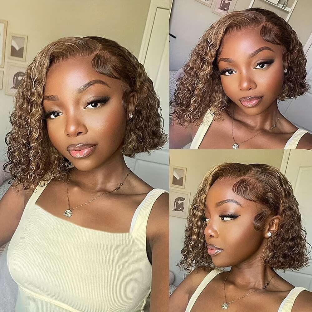 Curly Bob 13X4 Front Brazilian Remy Human Hair Wigs Blonde Brown Deep Wave Short Wig For Women 13x4 Lace Highlight Color 4/27 10-16inch 150%