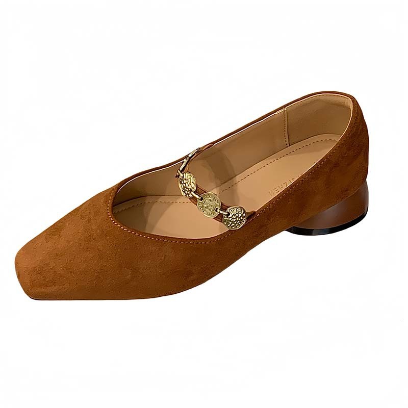 French Style Square Toe One-Strap Mary Jane for Women 2025 Spring and Autumn Shallow Low Heel Gold Coin Decoration Women's Single Shoes ddmythur