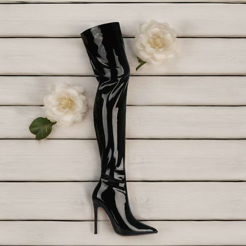 1Pr Elegant Black Knee-High Boots - Solid Color Stiletto With Pointed Toe, Microfiber Upper, Mesh Inner, Rubber Sole, High Heel Zipper Closure