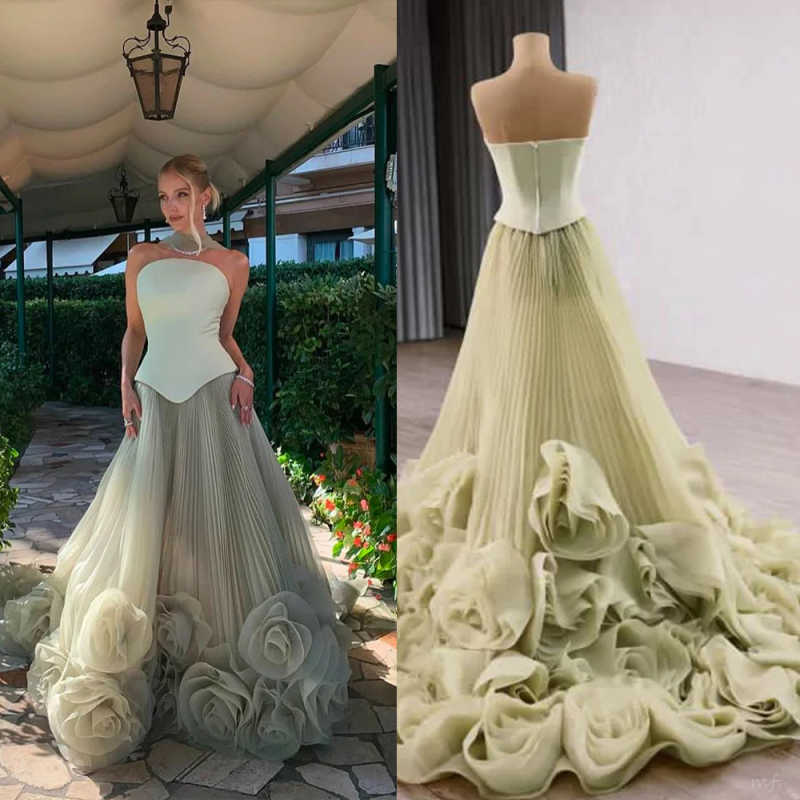 Gowns Customized Thinyfull Elegant A-Line Prom Evening Dresses Strapless 3D Flower Long Tulle Party Dress Women Cocktail Prom