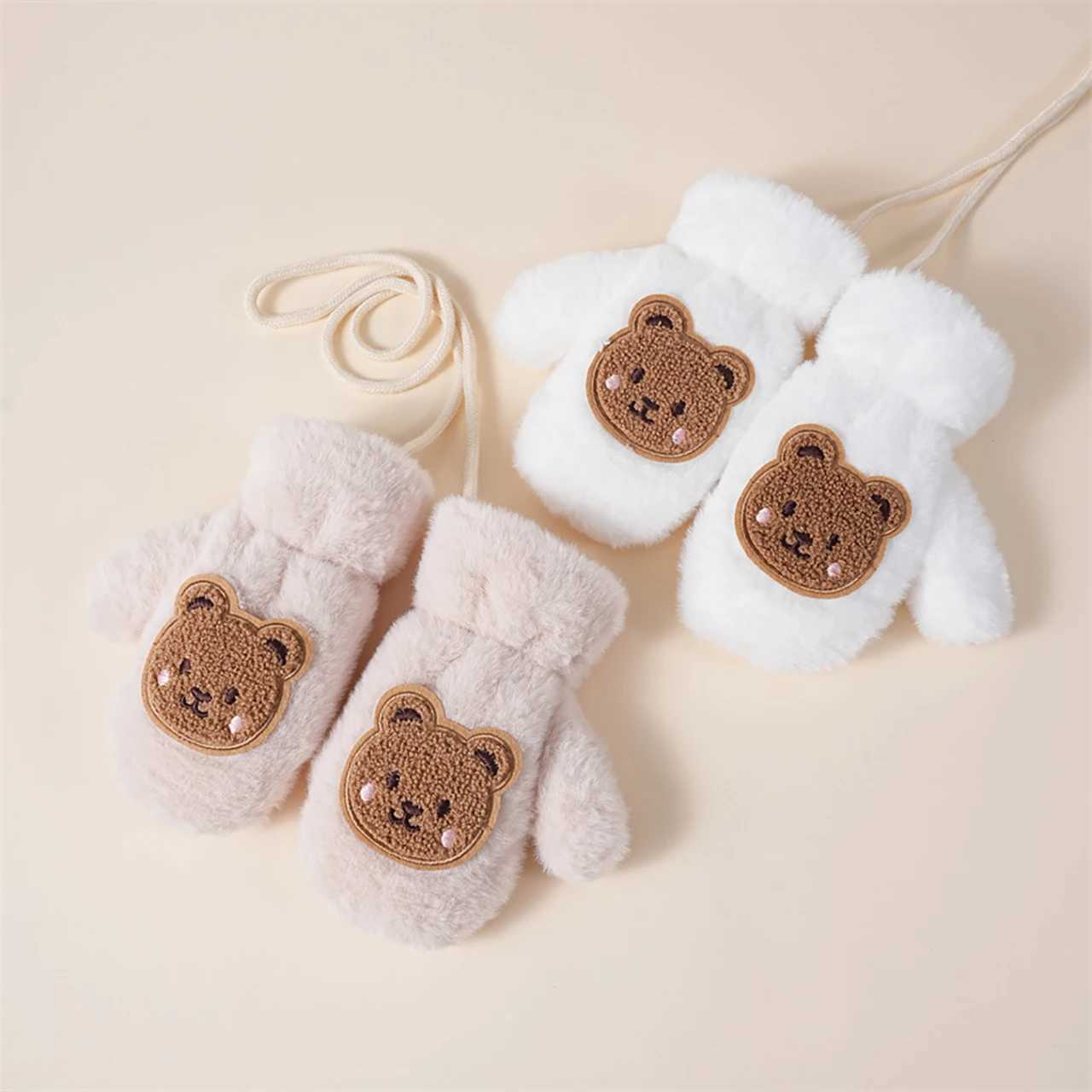 Winter Kids Plush Gloves With Hanging Neck Rope Cute Bear Mittens Soft Faux Fur Fingerless Glove 25Year Children Hand Warmer Y251024