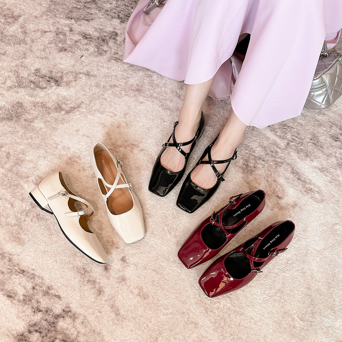 2123-2 Style Toe Cross Strap Square Mary Jane Autumn New French Versatile Low Heel Shoes for Women ddmythur