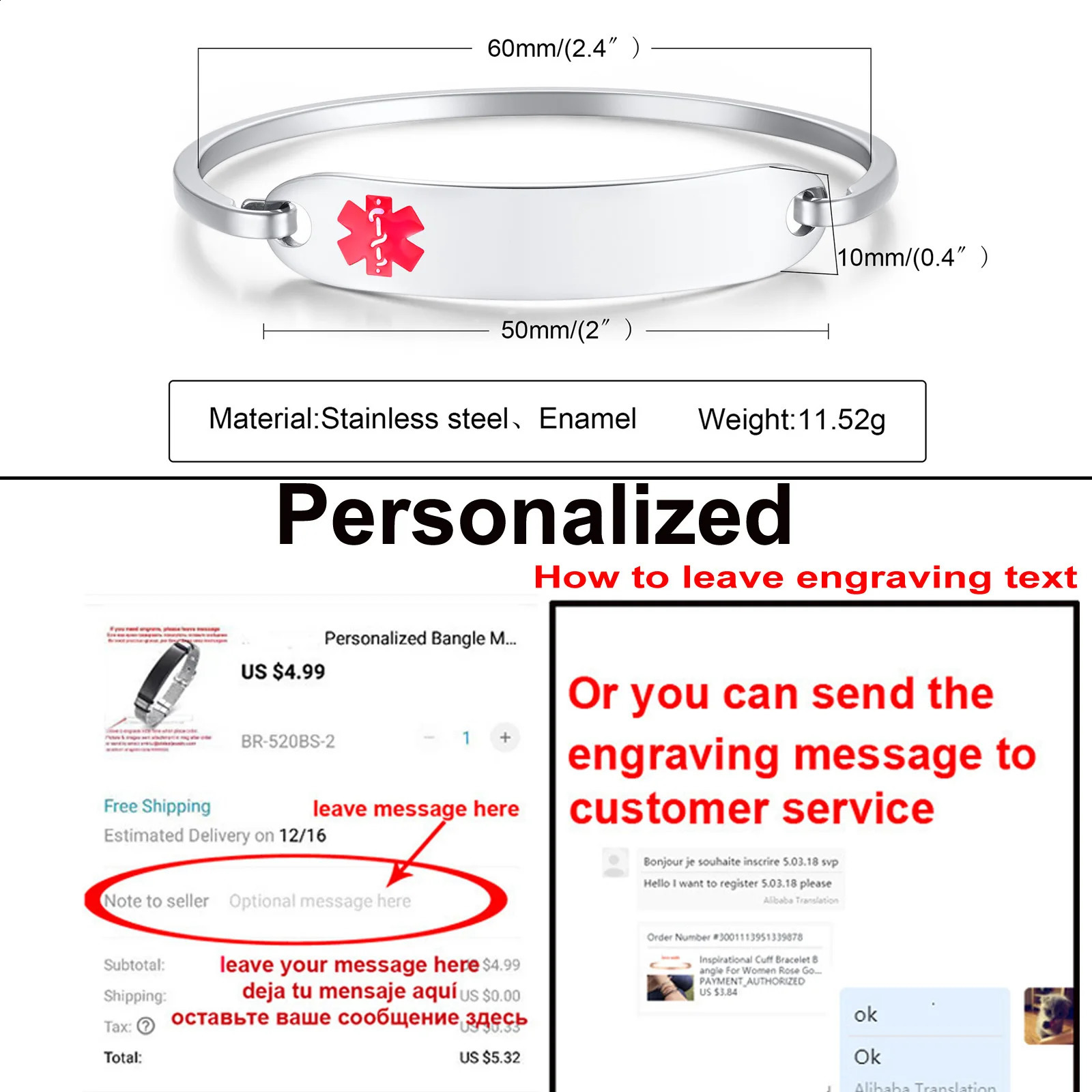 Free Personalized Alert ID Bangle Bracelet for Women Customzied Engraved Emergency Bracelet Diabetes Epilepsy 251014