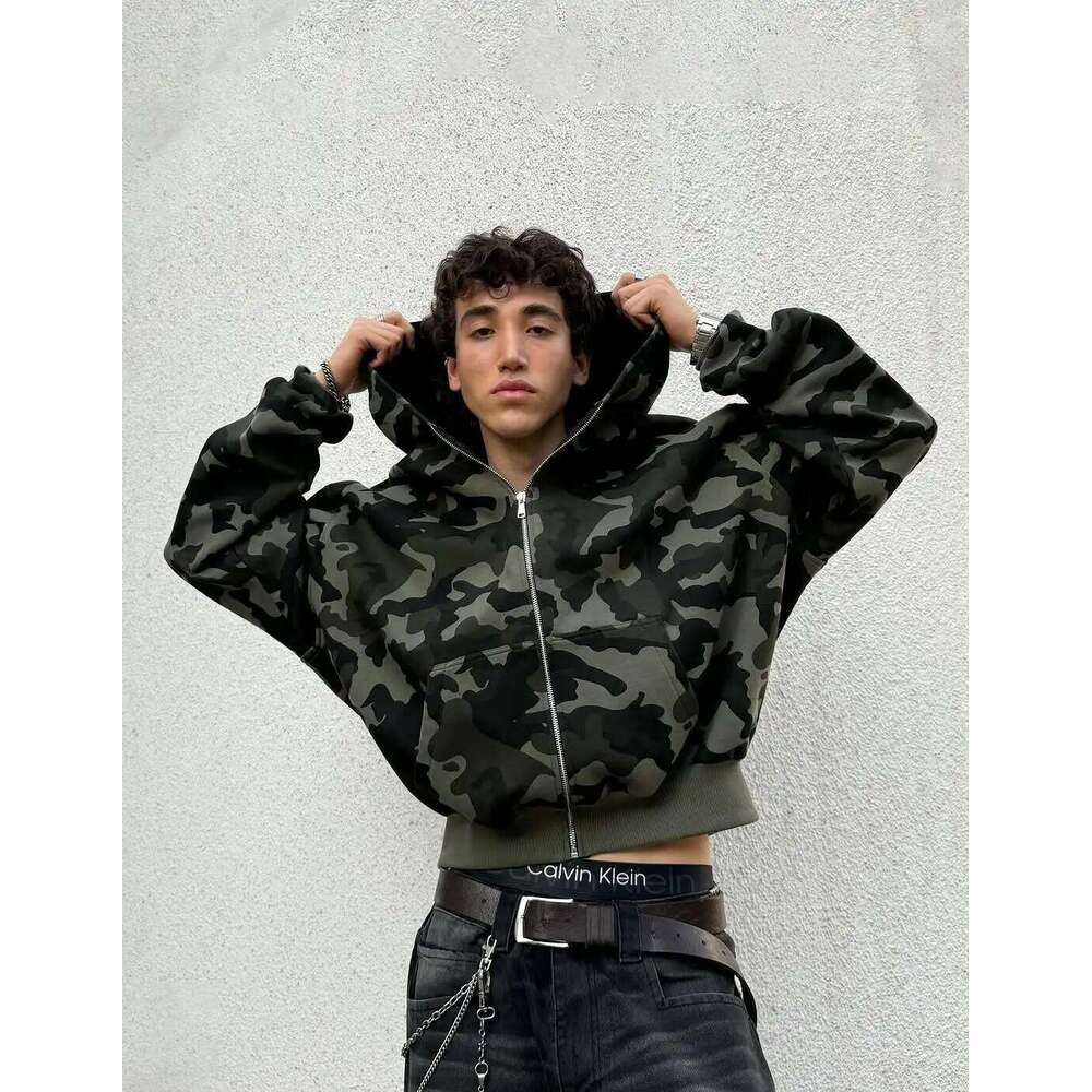 Autumn Street Style Visual Camouflage Star Pattern Zipper Hoodie Trendy Rock Simple Sweatshirt Loose Y2k New Women Top