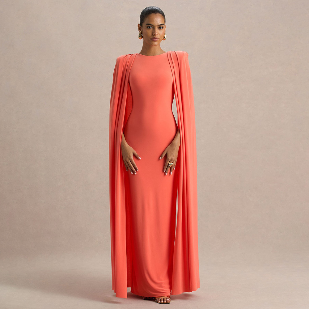 European and American designer style autumn and winter new banquet party women's evening dress solid color round neck pleated shawl slim and eleg